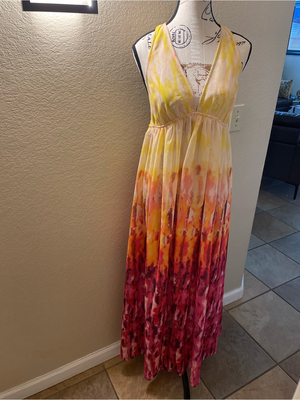 Anthropology- Sleeveless V-Neck Ombre Yellow to Pink Maxi Dress